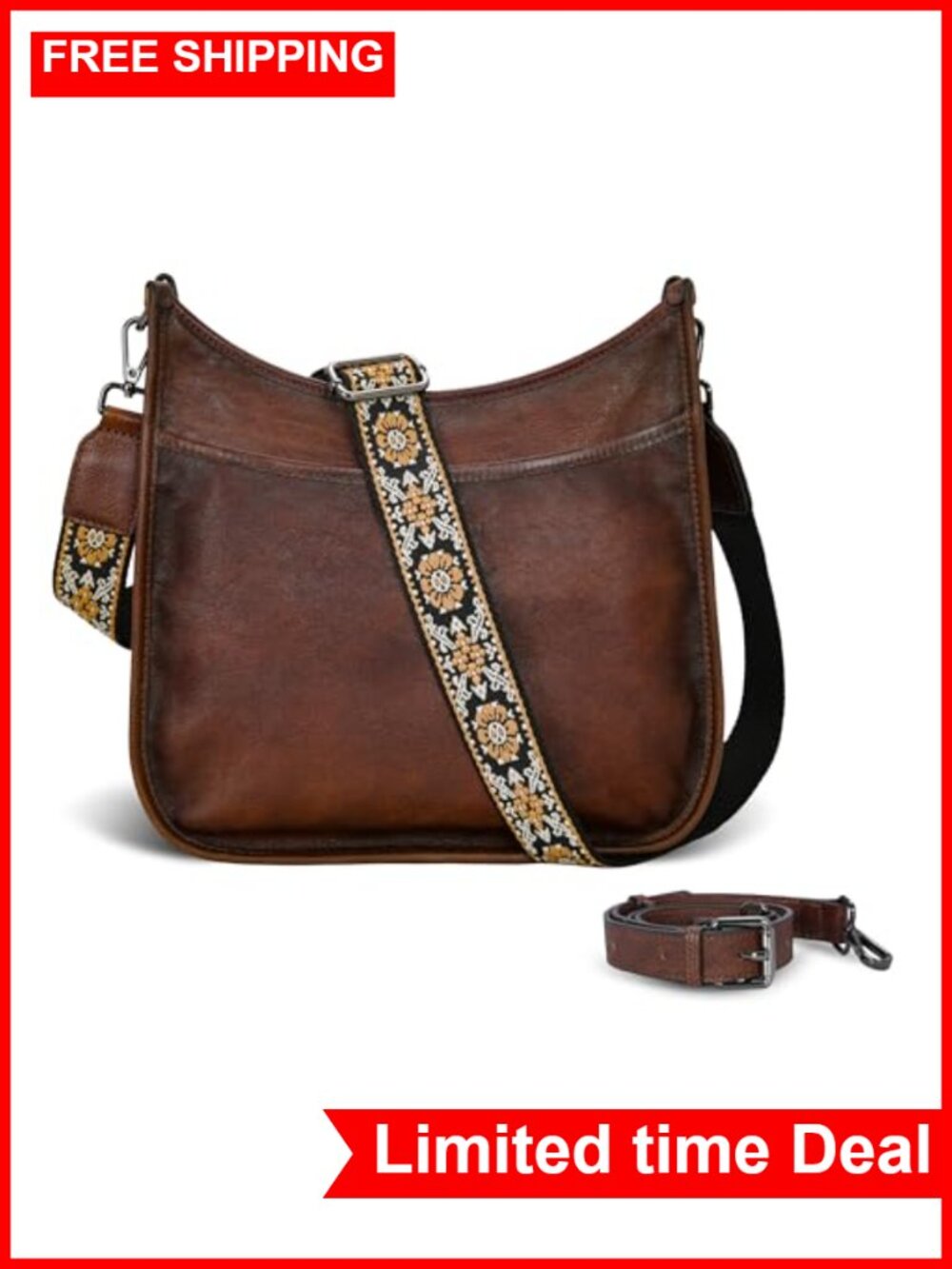 Genuine Leather Crossbody Bag with Two Straps - Vintage Boho Shoulder Purse